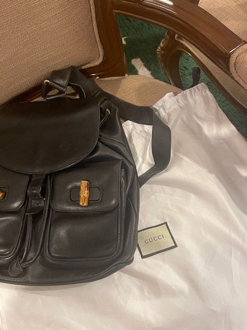 Gucci vintage leather and bamboo backpack with dustbag
