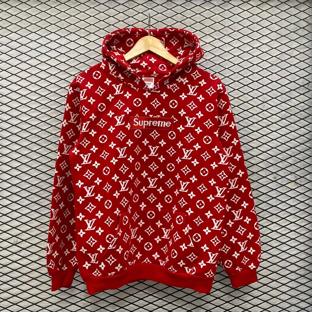 Red Lv Supreme Hoodie Fake Zip Hoodie Louis Vuitton Pullover Rot