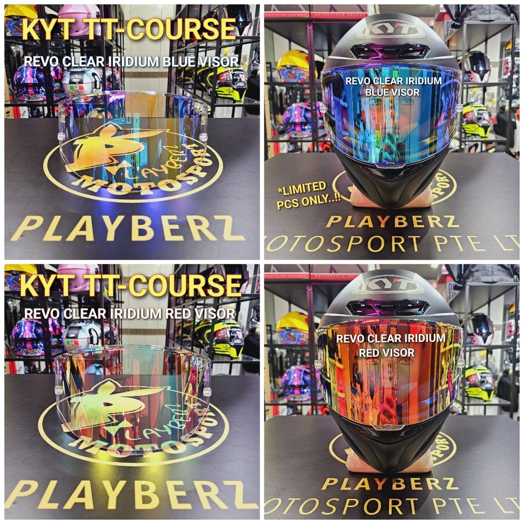 KYT TT-COURSE REVO CLEAR IRIDIUM VISOR (Category: Motorcycle Apparel) located in Singapore. Submitted by playberzmotosport (Listing ID 1336758629, Image 1). Description: HOT SELLING KYT TT-COURSE REVO CLEAR IRIDIUM VISOR.. 🔥🔥!! *LIMITED PCS ONLY..!! AVAILABLE IN 2 COLOURS..🤩!! -REVO CLEAR IRIDIUM BLUE -REVO CLEAR IRIDIUM RED PLAYBERZ MOTOSPORT ADD: 21, TOH GUAN ROAD EAST, TOH GUAN CENTRE #06-11, (S608609) TIME: -MONDAY TO SUNDAY 11AM-8PM -SUND
