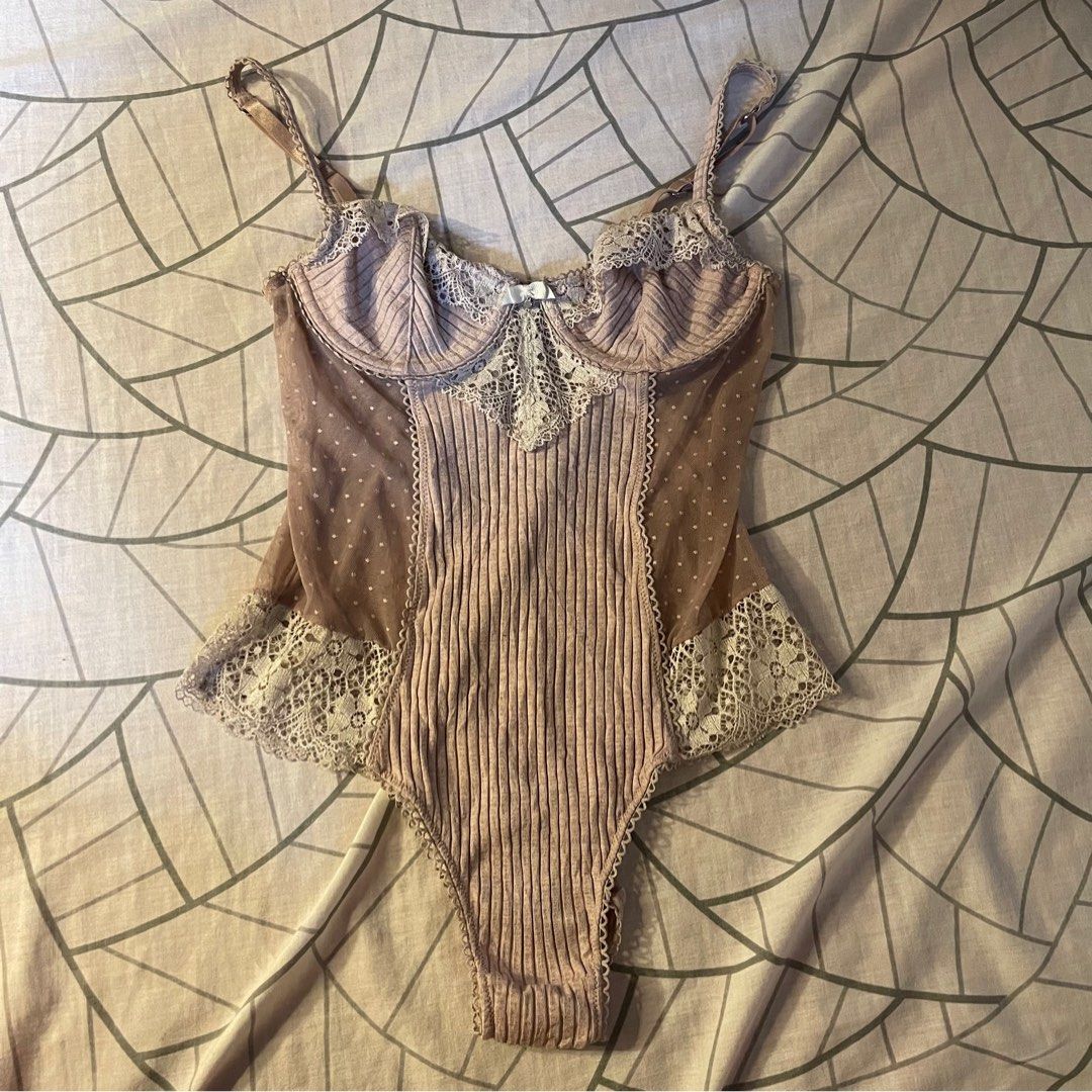 Next Ribbed baby pink lace bodysuit Women s Fashion Tops Sleeveless on Carousell