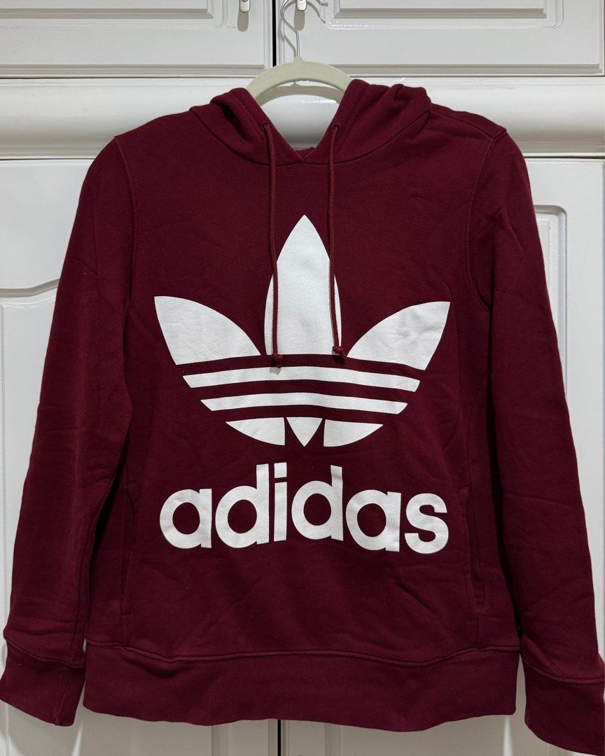 Pre loved Adidas Adicolor Burgundy Trefoil Hoodie Unisex mens womens Men s Fashion Tops Sets Hoodies on Carousell