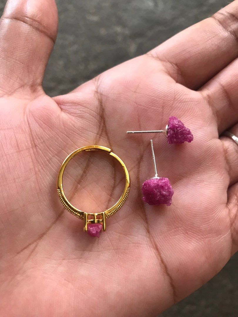 Ruby Ring & Earrings Set (Category: Earrings) located in Batangas. Submitted by bling_bling_and_more_by_dulce (Listing ID 1336676248, Image 3). Description: 600 set - fixed! 350 ring 300 earrings authentic ruby raw stone silver setting (with markings) 18k plated super nice & elegant!✨ from Japan.
