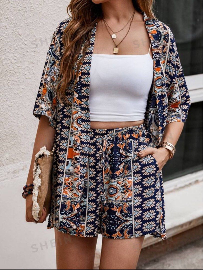 Shein Shorts Set (Category: Sets or Coordinates) located in Lumban. Submitted by miloveditems (Listing ID 1336851177, Image 1). Description: 350php each Large size Short Vest Bnew Print Open Kimono Shorts twice used.