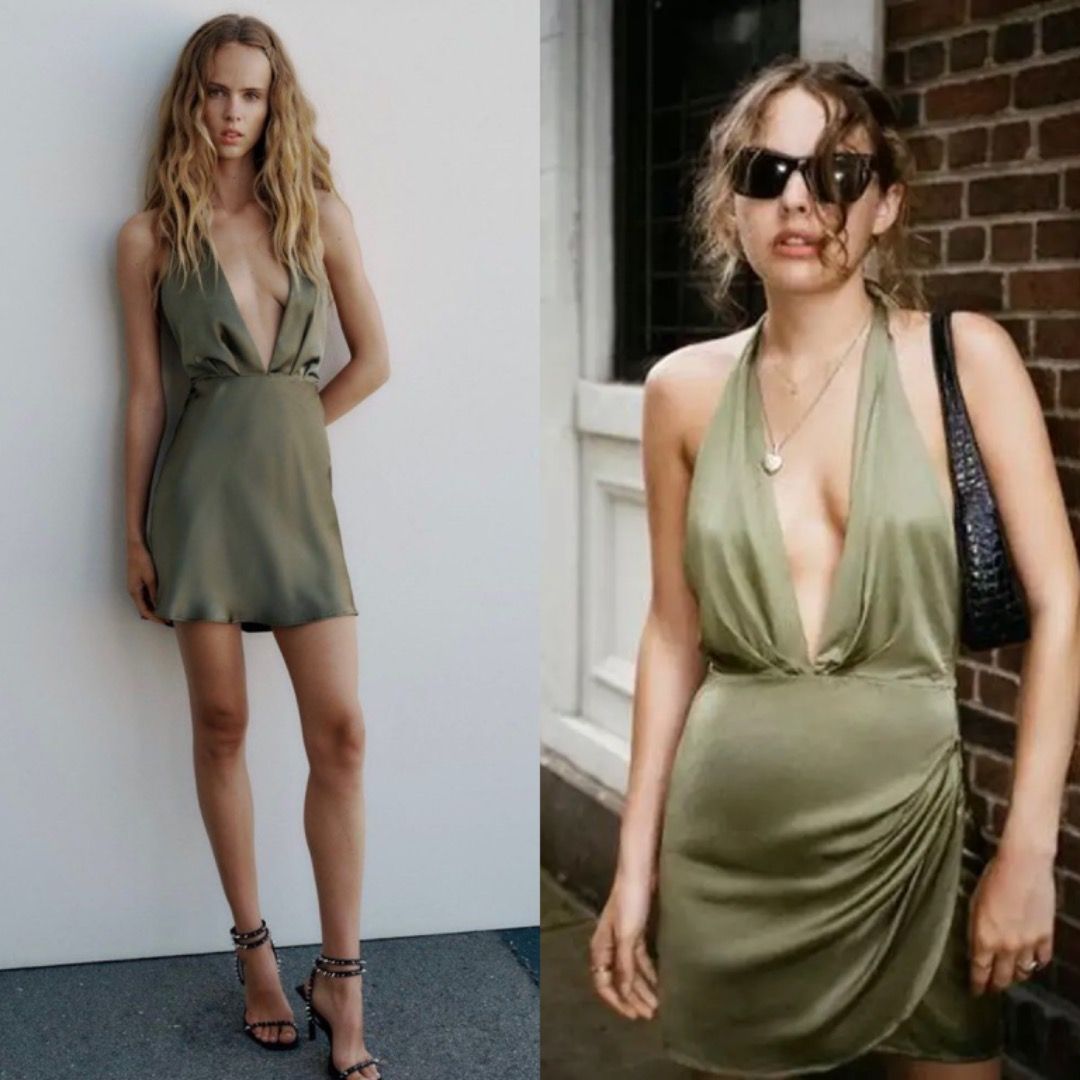 olive green satin dress zara NEW Zara Khaki Olive Green Silky Satin Cutout Long Sleeve Midi Maxi Dr –  Brie