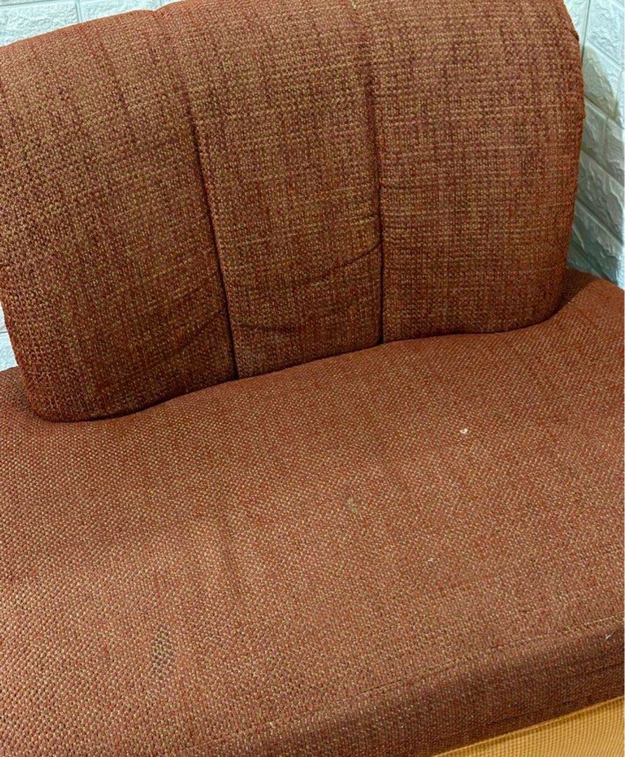 2 SEATER SOFA (Category: Sofas) located in San Juan City. Submitted by declutterbykrispy (Listing ID 1336951415, Image 2). Description: Comfy sofa 2 seater. Brown/orange color No issue just needs to be cleaned..