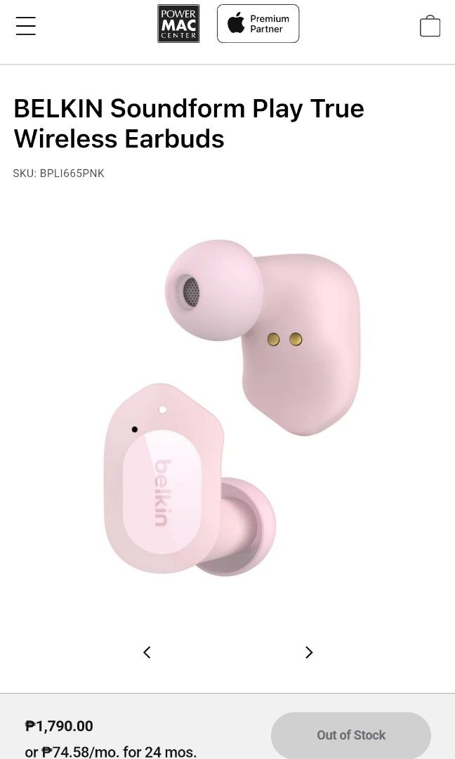 BELKIN Soundform Play True Wireless Earbuds (Category: Earphones) located in Manila. Submitted by gorzuzofficial (Listing ID 1336915797, Image 1). Description: Missing Right earbuds, no issue other than that. MOP: Gcash MOD: LBC/Lalamove.