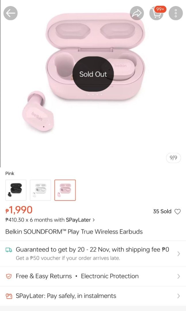BELKIN Soundform Play True Wireless Earbuds (Category: Earphones) located in Manila. Submitted by gorzuzofficial (Listing ID 1336915797, Image 2). Description: Missing Right earbuds, no issue other than that. MOP: Gcash MOD: LBC/Lalamove.