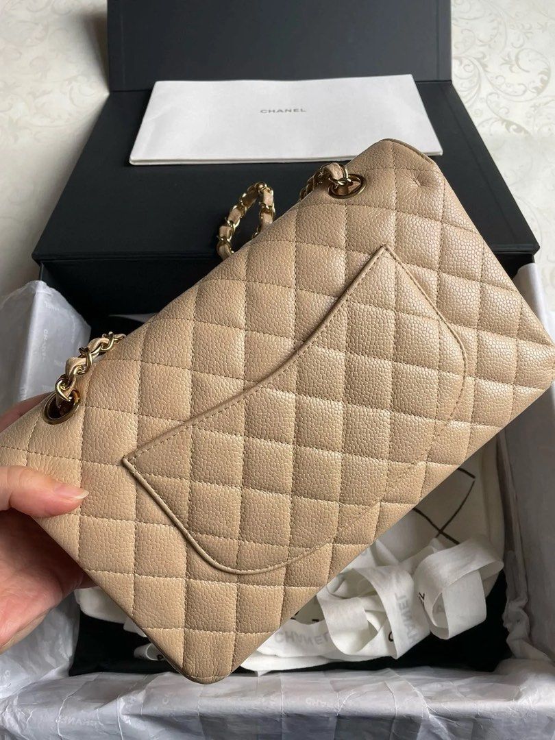 Chanel Classic Flap Medium (Category: Luxury Bags & Wallets) located in Quezon City. Submitted by __12345 (Listing ID 1336893680, Image 2). Description: - Preorder (2 weeks eta) - 9/10 condition - Beige, GHW - Series 14 - Includes dustbag, box, card, and authentication (via entrupy) - Available for meet up/delivery - Detailed photos available upon request - Guaranteed authentic or money back! Open to sourcing requests! Send us a message 💌🛍️.