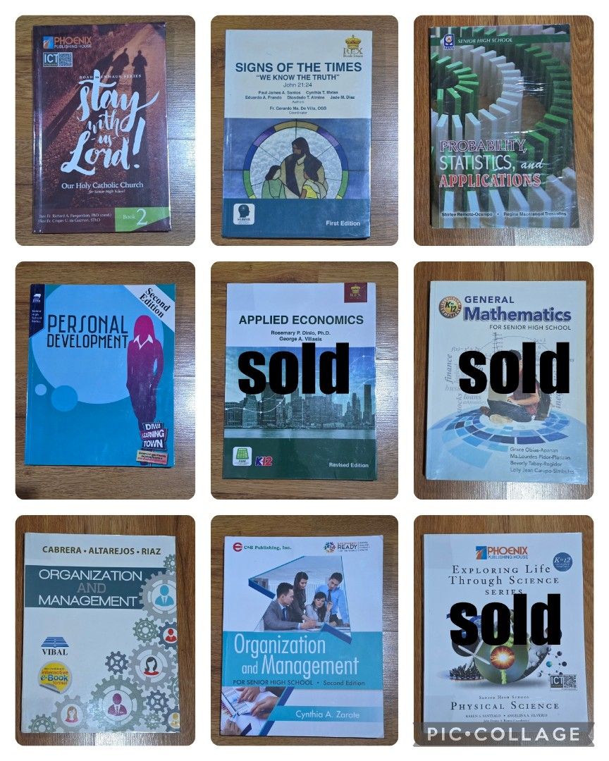 Grade 11 books (Category: Textbooks) located in Pasig City. Submitted by coco_bell (Listing ID 1309980756, Image 1). Description: Stay with us Lord - Php 300 Signs of the Times - Php 300 Statistics and Pribability - Php 300 Personal Development - Php 300 Applied Economics - Php 300 General Mathematics - Php 400 Organization and Management - Php 450 Physical Science - Php 400 Price listed does not include shipping fee. Buyer will shoulder shipping