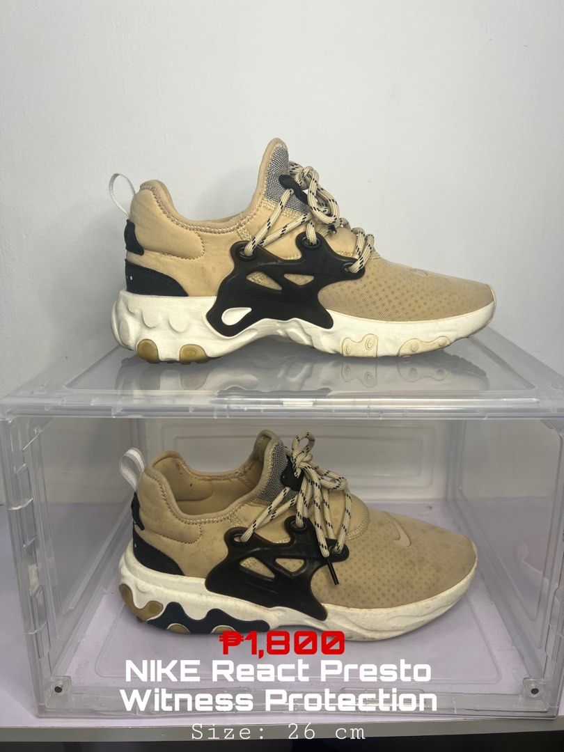 Nike React Presto (Category: Sneakers) located in Malolos. Submitted by hjthriftshop (Listing ID 1337030307, Image 1). Description: Good condition! Need lang iglue yung part sa 2nd pic (no box included).
