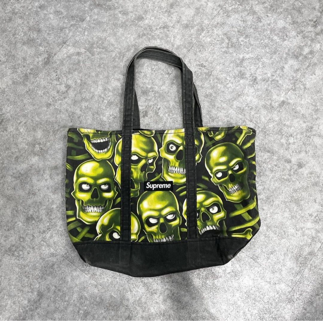 【希少】Supreme Skull Pile Denim Tote Bag Supreme 18SS Skull Pile denim Tote Bag Cotton Black Green