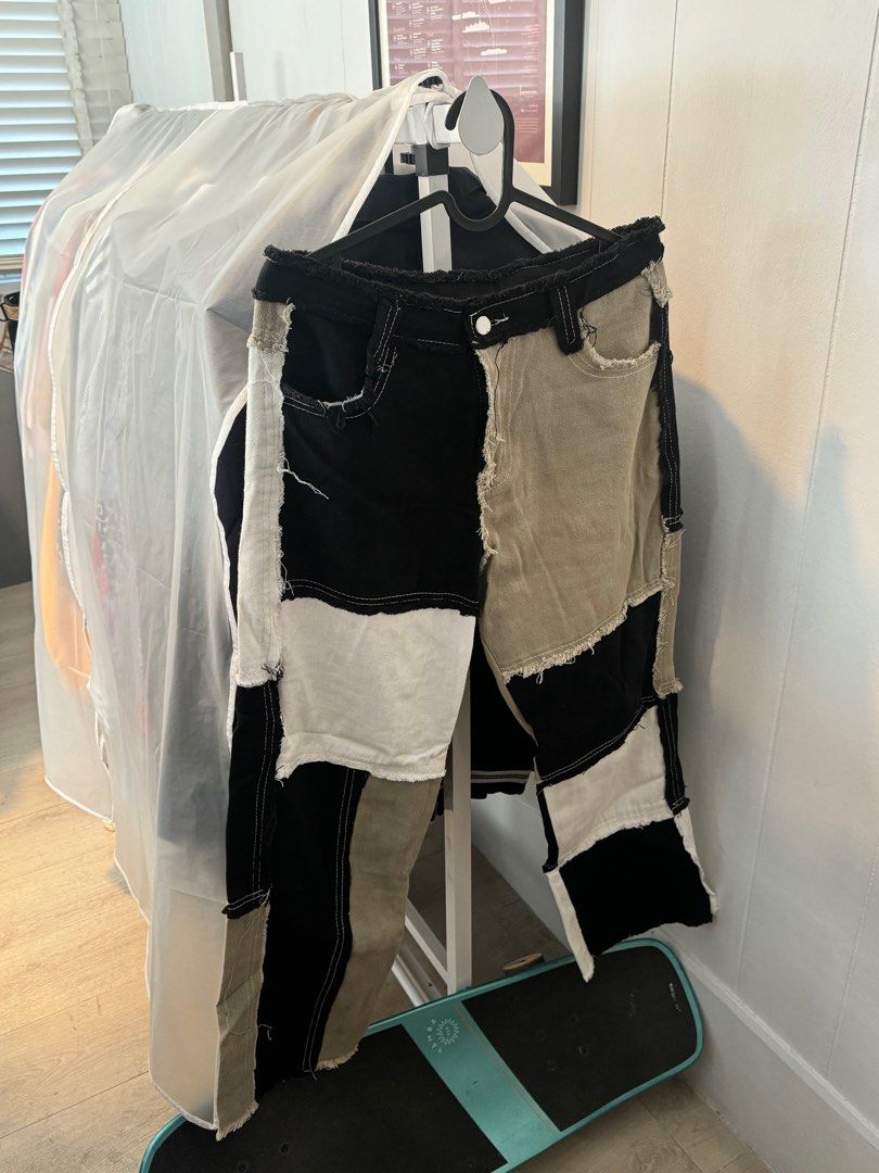 Y2K Retro Patchwork Straight Cut Pants (Category: Jeans) located in Pasig City. Submitted by _rajasully (Listing ID 1336977163, Image 3). Description: 🔹Tag size: L (best fits M) 🔹Color: Black, Off-White, and Beige 🔹Measurements: Straight Cut Length: 35.5 inches Waist (laid flat): 16 inches Rise: 12.5 inches Thighs (laid flat): 10 inches Inseam: 23 inches Leg Opening (laid flat): 8.5 inches 🔹Issues: none 🔹PM me to inquire 😊.