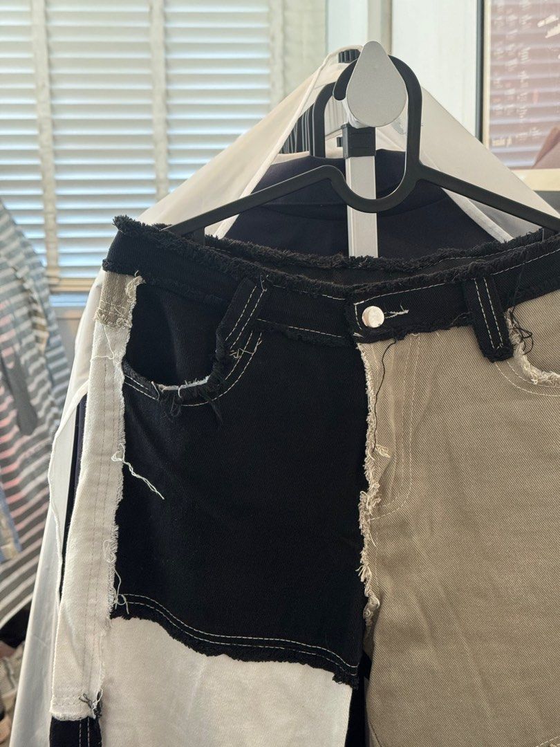 Y2K Retro Patchwork Straight Cut Pants (Category: Jeans) located in Pasig City. Submitted by _rajasully (Listing ID 1336977163, Image 2). Description: 🔹Tag size: L (best fits M) 🔹Color: Black, Off-White, and Beige 🔹Measurements: Straight Cut Length: 35.5 inches Waist (laid flat): 16 inches Rise: 12.5 inches Thighs (laid flat): 10 inches Inseam: 23 inches Leg Opening (laid flat): 8.5 inches 🔹Issues: none 🔹PM me to inquire 😊.