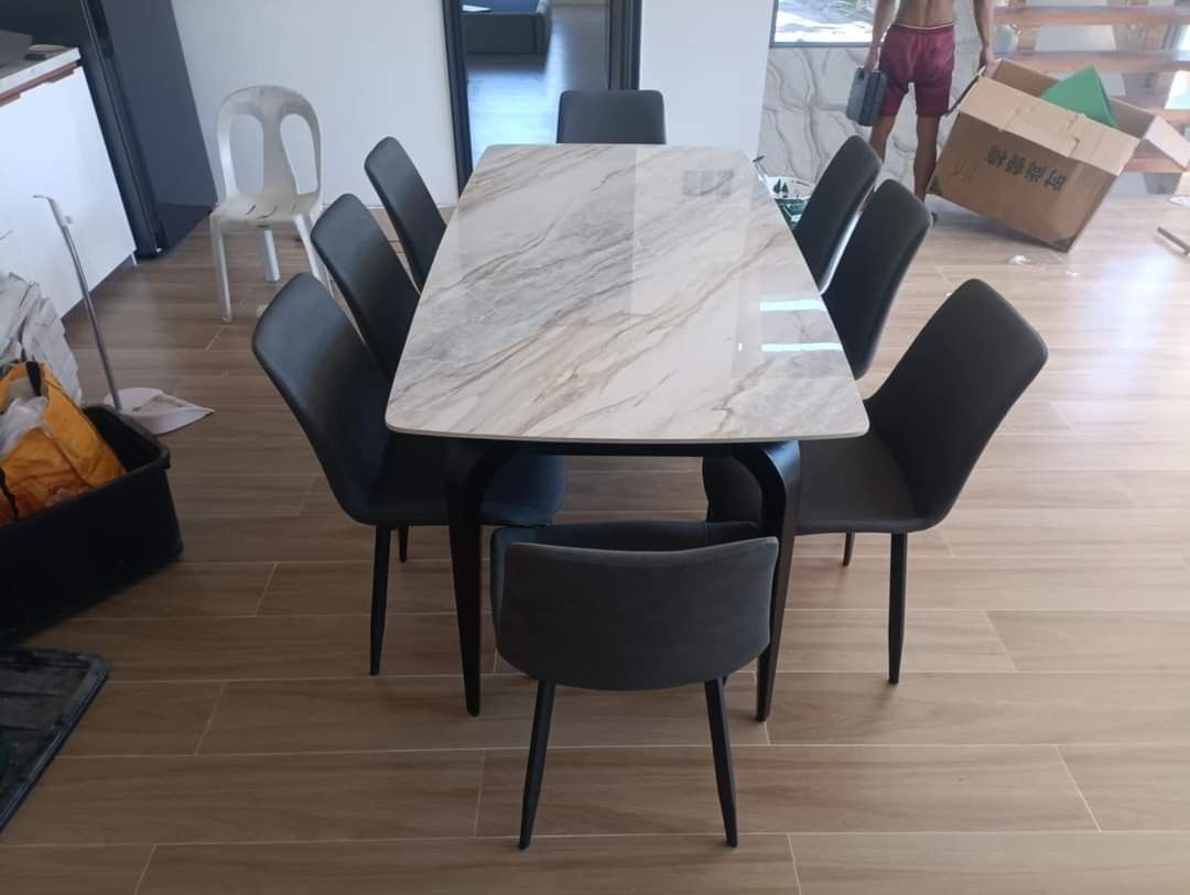 8 seater marble dining set (Category: Tables & Sets) located in Pasay City. Submitted by cherry_nicole (Listing ID 1337160132, Image 1). Description: 📍 8 SEATER MARBLE DINING SET 🔥 35,000 ‼️‼️ ✔️ REAL MARBLE SLATE TABLE TOP ✔️ 180x90cm ✔️ Metal frame ✔️ Leather cushioned chairs 💥 On hand 💥 Brand new 💥 Cash on delivery 💥 PLUS delivery charge depends on buyer's location 💥 Same day delivery or next day delivery FARRO Online Furnitures 📱09977