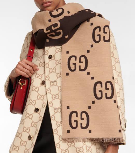 GUCCI GG JACQUARD BROWN WOOL SCARF