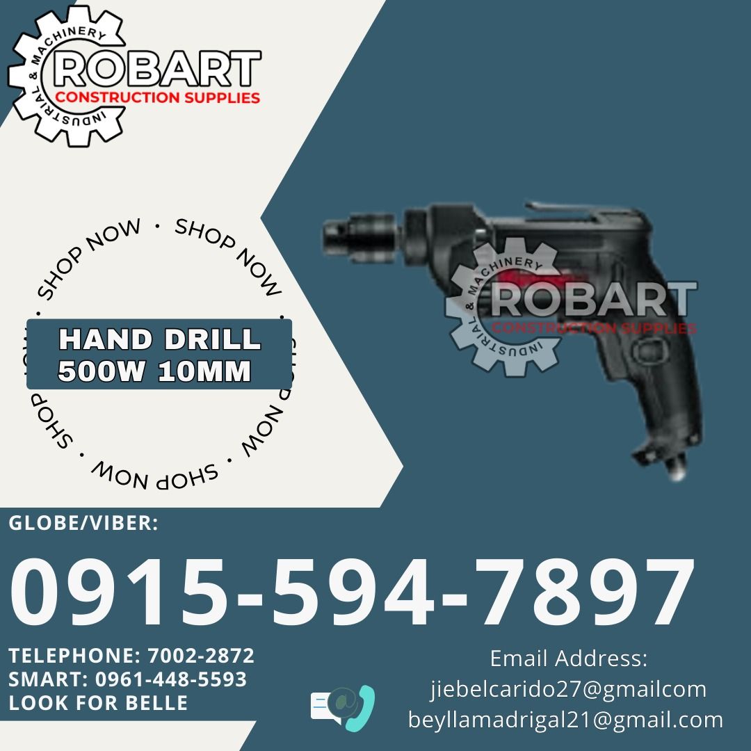 Hand Drill 500W 10mm (Category: Construction Tools & Equipment) located in Manila. Submitted by bellarobart (Listing ID 1337109914, Image 1). Description: Hand Drill 500W 10mm Brand: Kress Model: KU110 (KeyedChuck)2800rpm,Wood 20mm, Steel 10mm, Aluminum 10mm 𝑹𝑶𝑩𝑨𝑹𝑻 𝑪𝑶𝑵𝑺𝑻𝑹𝑼𝑪𝑻𝑰𝑶𝑵 𝑺𝑼𝑷𝑷𝑳𝑰𝑬𝑺 Office Address: 1405 Yuseco St. Sta Cruz Manila SEND US MESSAGE FOR INQUIRIES ‼️ ‼️ Glb/Vibr: 0915-594-7897 Smrt: 0961-448-5593 Landline