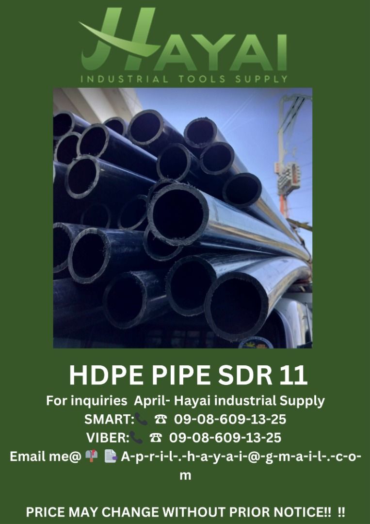 HDPE pipe sdr 11 (Category: Construction Tools & Equipment) located in Caloocan City. Submitted by aprilv96843328 (Listing ID 1337070041, Image 1). Description: HDPE pipe sdr 11 Specs: 3" x 6m PRICE: 4,880 For inquiries April- Hayai industrial Supply 📞 ☎ 0-9-0-8-6-0-9-1-3-2-5 Email me@ 📫 📑 A-p-r-i-l-.-h-a-y-a-i-@-g-m-a-i-l-.-c-o-m PRICE MAY CHANGE WITHOUT PRIOR NOTICE!!! .