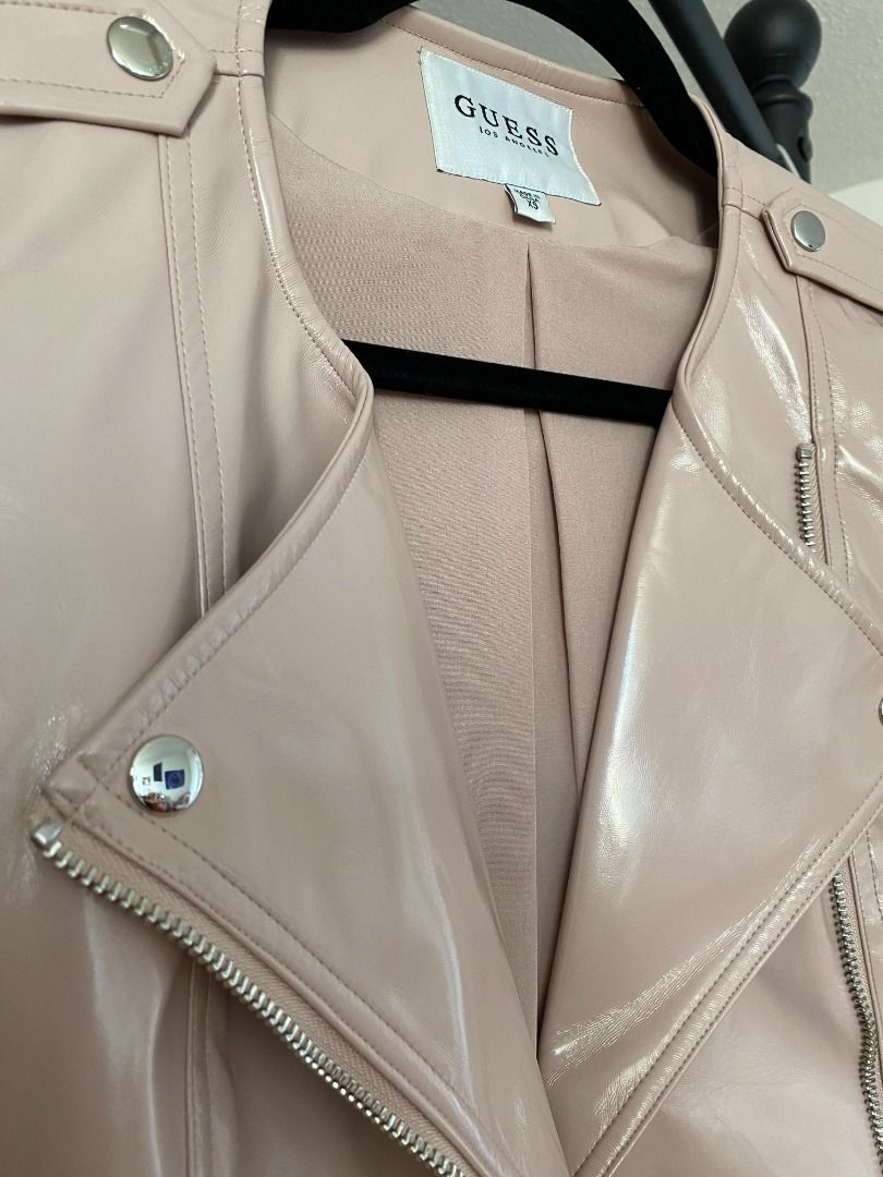 pale pink GUESS glossy faux leather jacket Women s Fashion Clothes on Carousell