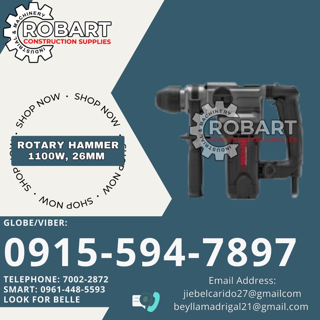 Rotary Hammer 1100W, 26mm (Two-Function) (Category: Construction Tools & Equipment) located in Manila. Submitted by bellarobart (Listing ID 1337122235, Image 1). Description: Rotary Hammer 1100W, 26mm (Two-Function) Brand: Kress Model: KU332 4300bpm, 5.0J,900rpm, SDS Plus, Drilling Capacity: Mansory 26mm 𝑹𝑶𝑩𝑨𝑹𝑻 𝑪𝑶𝑵𝑺𝑻𝑹𝑼𝑪𝑻𝑰𝑶𝑵 𝑺𝑼𝑷𝑷𝑳𝑰𝑬𝑺 Office Address: 1405 Yuseco St. Sta Cruz Manila SEND US MESSAGE FOR INQUIRIES ‼️ ‼️ Glb/V