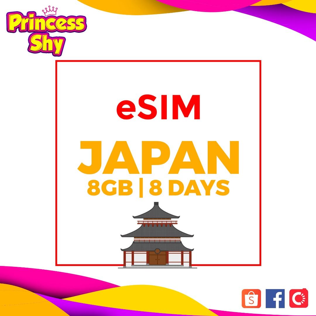 Travel SIM E-Sim Japan 8 Day Data 8GB High Speed Data + Thereafter Unlimited Data (Category: Sim Cards) located in San Juan City. Submitted by princessshyph (Listing ID 1337089324, Image 1). Description: -Enjoy high-speed 5G data in Japan, with speeds reduced after 8GB of usage but guaranteed to stay above 256kbps. -Valid for 8 days from activation and non-rechargeable. -No registration needed—ready to use immediately upon purchase..
