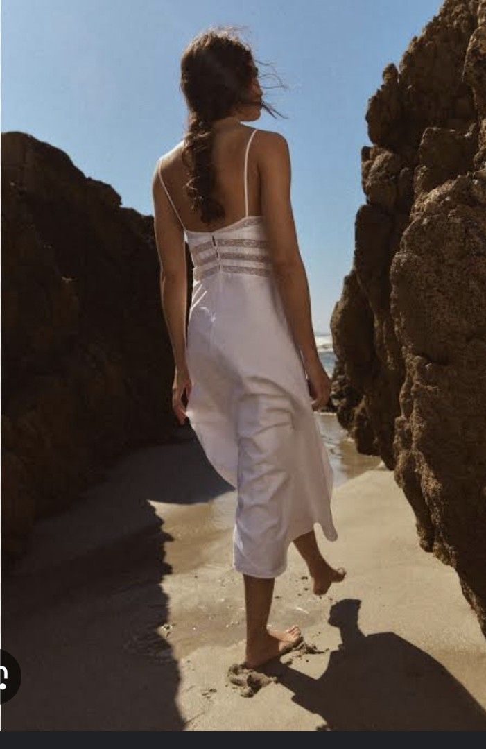 Zara poplin white embroidery lace midi dress wanita