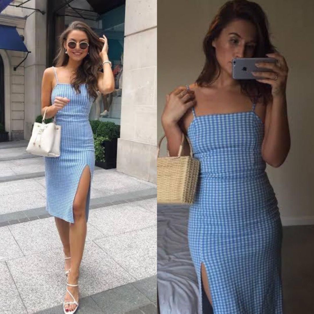 Zara Powder Blue Gingham Plaid Midi Maxi Slit Dress, Women's Fashion,  Dresses & Sets, Dresses on Carousell