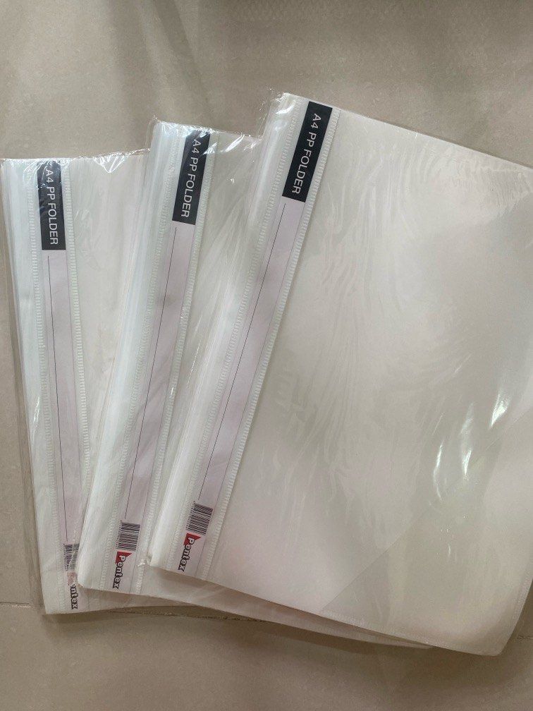 A4 PP Folder (Category: Stationery & School Supplies) located in Singapore. Submitted by wondertowers (Listing ID 1334014465, Image 1). Description: Brand new white folders. 1 pack of 12 files @ $6 Buy all 3 packs @$16 .