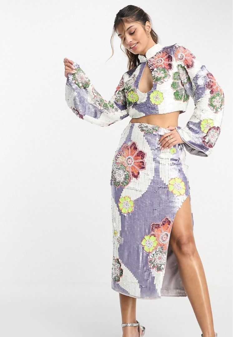 ASOS Design Floral Embellished and Sequin Midi Skirt Co-ord with