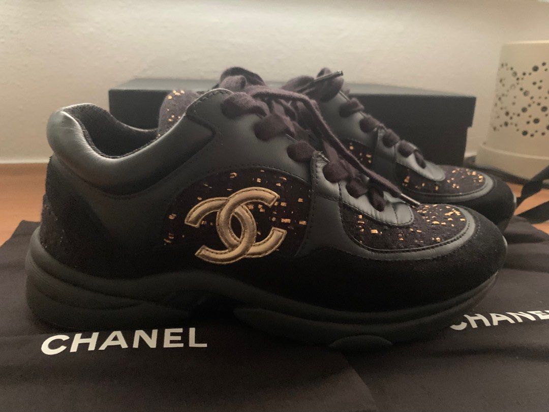Chanel Black Gold Tweed Suede and Leather CC Lace Up Sneakers