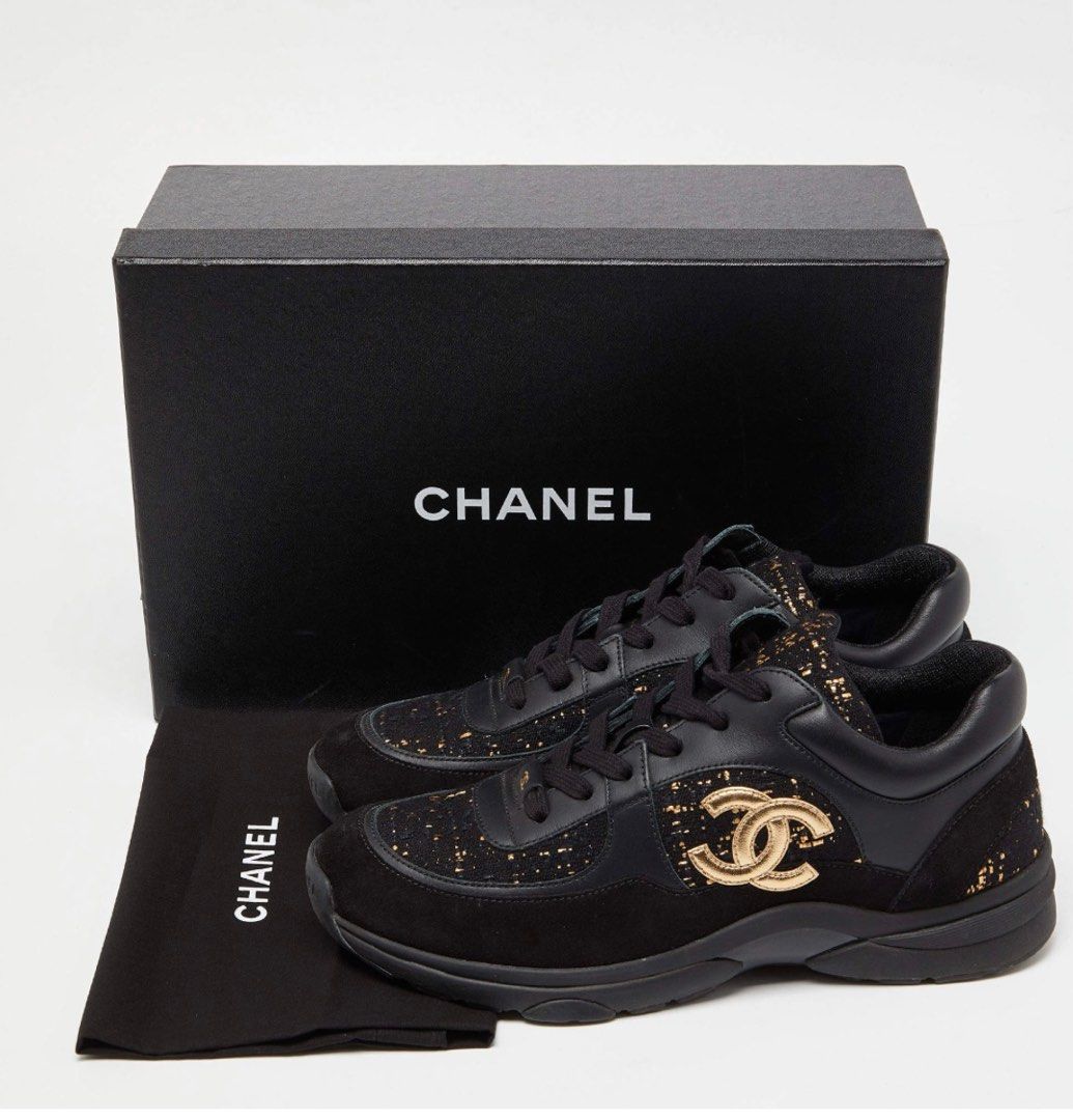 Chanel Black Gold Tweed Suede and Leather CC Lace Up Sneakers