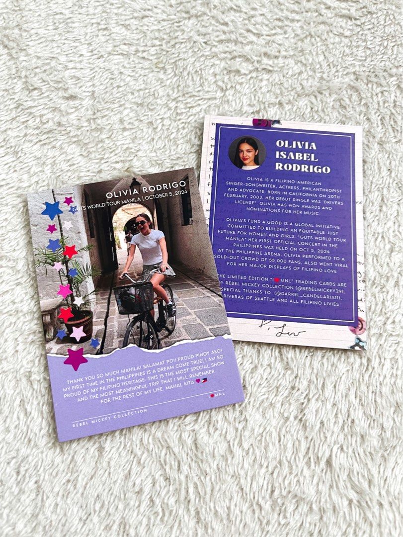 EXCLUSIVE OLIVIA RODRIGO TRADING CARDS (Category: Raw Singles) located in Pasig City. Submitted by vr1998 (Listing ID 1334027507, Image 3). Description: The Trading Cards For Filipino Livies 💜 P250 each P580 take all 10pcs (complete collection) The Guts Concert in Manila..Olivia’s first in the Philippines will always be remembered. Visiting her dad’s hometown will always be more special and meaningful. The Images on these trading cards will fore