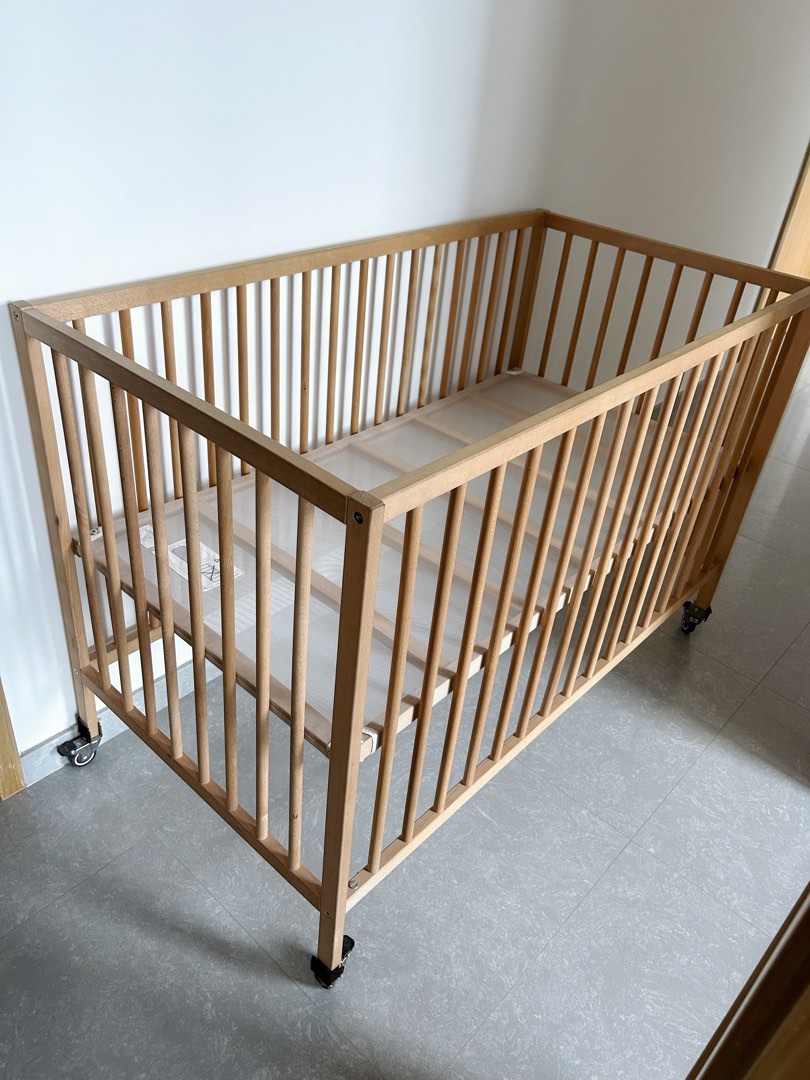 IKEA Baby Newborn Cot Crib Solid Wood Beech Natural 60 x 120cm 360 Caster Wheels For Easy Moving Around Rolling Babies Kids Baby Nursery Kids Furniture Cots Cribs on Carousell