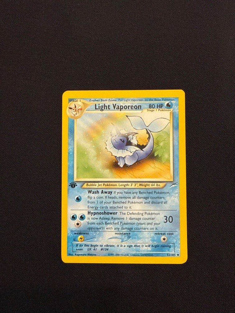 Light Vaporeon First Edition Neo 52/105 Pokemon Card, Hobbies & Toys,  Memorabilia & Collectibles, Vintage Collectibles on Carousell