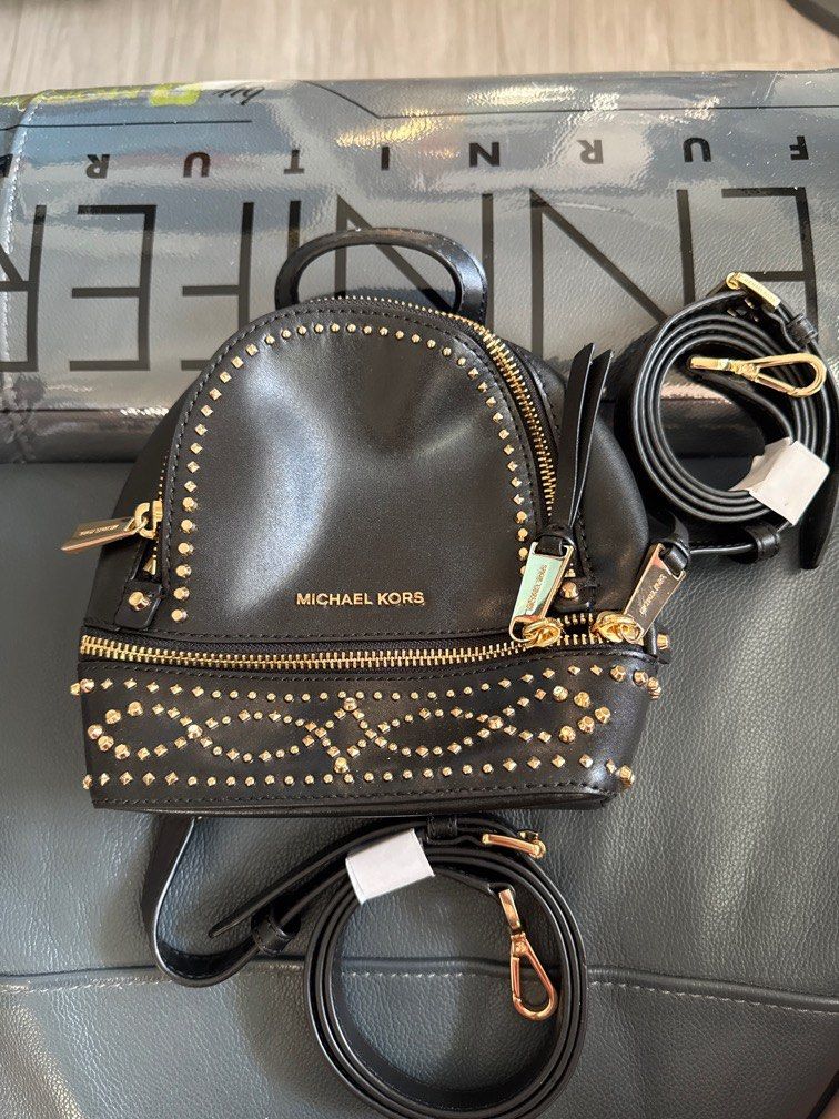 Michael Kors MK Michael Kors Rhea mini messenger Gold Studded Studs leather backpack Dark Blue Carousell