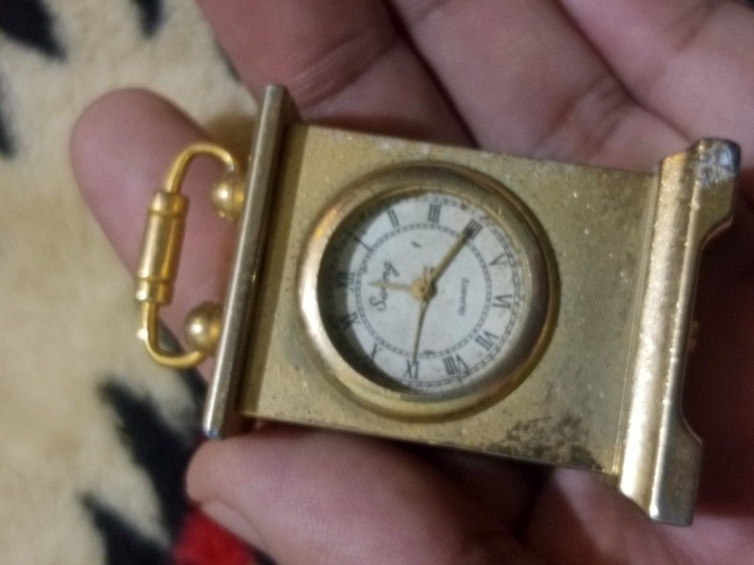 Miniature desk clock display (Category: Clocks) located in Quezon City. Submitted by markgolveo (Listing ID 1334024132, Image 3). Description: Miniature desk clock display untested signs of heavy wears missing front glass dial cover.