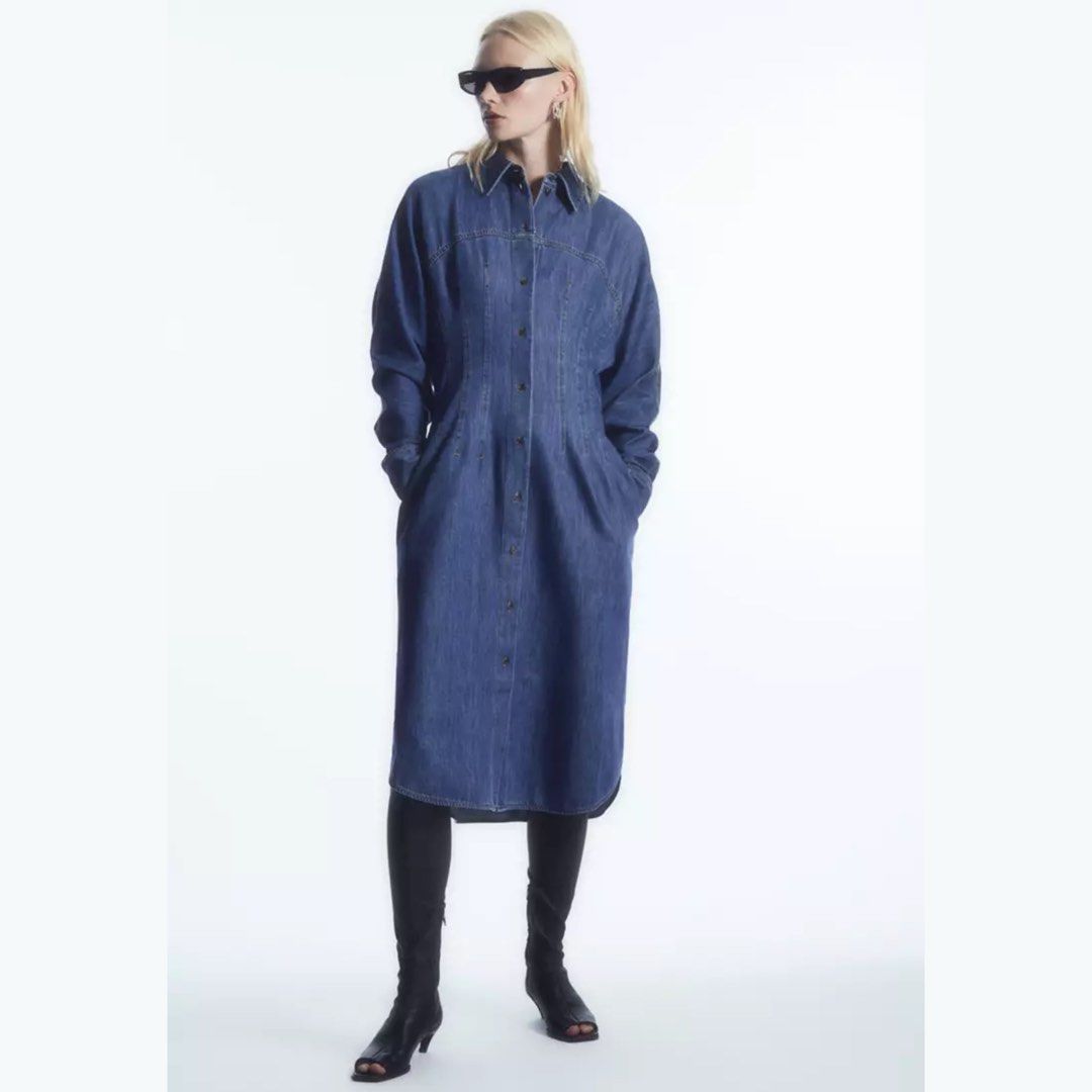 princess polly baby blue dress COS shirt dress with drape detail, Women's Fashion, Dresses & Sets, Dresses  on Carousell main image 1