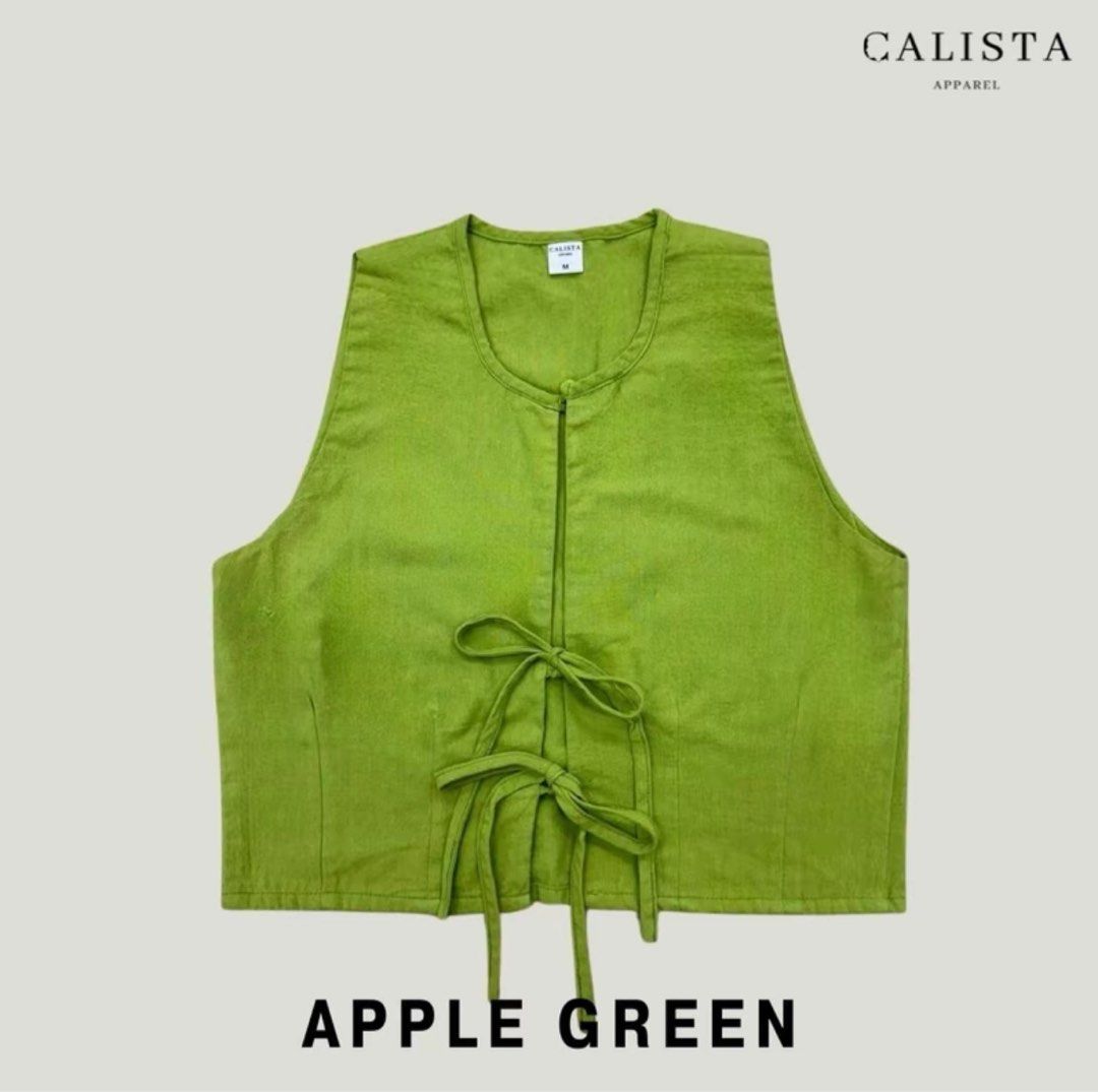 Calista Blair Vest (Apple Green) (Category: Sleeveless) located in Manila. Submitted by kraklingx (Listing ID 1337359028, Image 1). Description: - rfs: wrong size :( - brand new, with packaging ! - actual looks the same as picture, vv nice quality 10/10 -MOPs: bank transfer, gcash, maya.