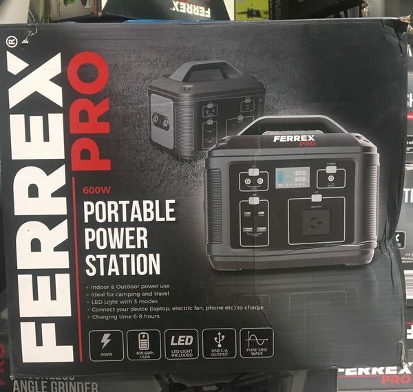 Ferrex Pro 600w Power Station (Category: Construction Tools & Equipment) located in Muntinlupa City. Submitted by aussie.surplustore (Listing ID 1337304972, Image 1). Description: ⚡NEW ARRIVAL⚡ Ferrex Pro 600w Power Station 🏷️Price: P8,500 Features: ⚡600W ⚡Pure sine wave ⚡Battery capacity: 409.6Wh (16Ah) ⚡USB C/A Output ⚡LED light with 3 modes ⚡Indoor and outdoor power use ⚡Connect your device (laptop, electric fan, phone, etc. ) to charge ⚡Char