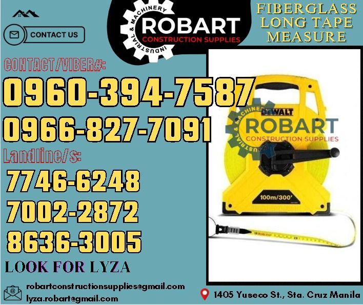 Fibre Glass Long Tape Measure 30m (Category: Construction Tools & Equipment) located in Manila. Submitted by lyzarobart11 (Listing ID 1337282906, Image 1). Description: Fibre Glass Long Tape Measure 30m DWHT34066‐30 M/E Brand: Dewalt 𝑹𝑶𝑩𝑨𝑹𝑻 𝑪𝑶𝑵𝑺𝑻𝑹𝑼𝑪𝑻𝑰𝑶𝑵 𝑺𝑼𝑷𝑷𝑳𝑰𝑬𝑺 𝒪𝒻𝒻𝒾𝒸𝑒 𝒜𝒹𝒹𝓇𝑒𝓈𝓈: 𝟣𝟦𝟢𝟧 𝒴𝓊𝓈𝑒𝒸𝑜 𝒮𝓉. 𝒮𝓉𝒶 𝒞𝓇𝓊𝓏 𝑀𝒶𝓃𝒾𝓁𝒶 ꜱᴇɴᴅ ᴜꜱ ᴍᴇꜱꜱᴀɢᴇ ꜰᴏʀ ɪɴQᴜɪʀɪᴇꜱ ‼️ ‼️ ɢʟᴏʙᴇ: (0966-827-7091) ꜱᴍʀᴛ - (0960-394
