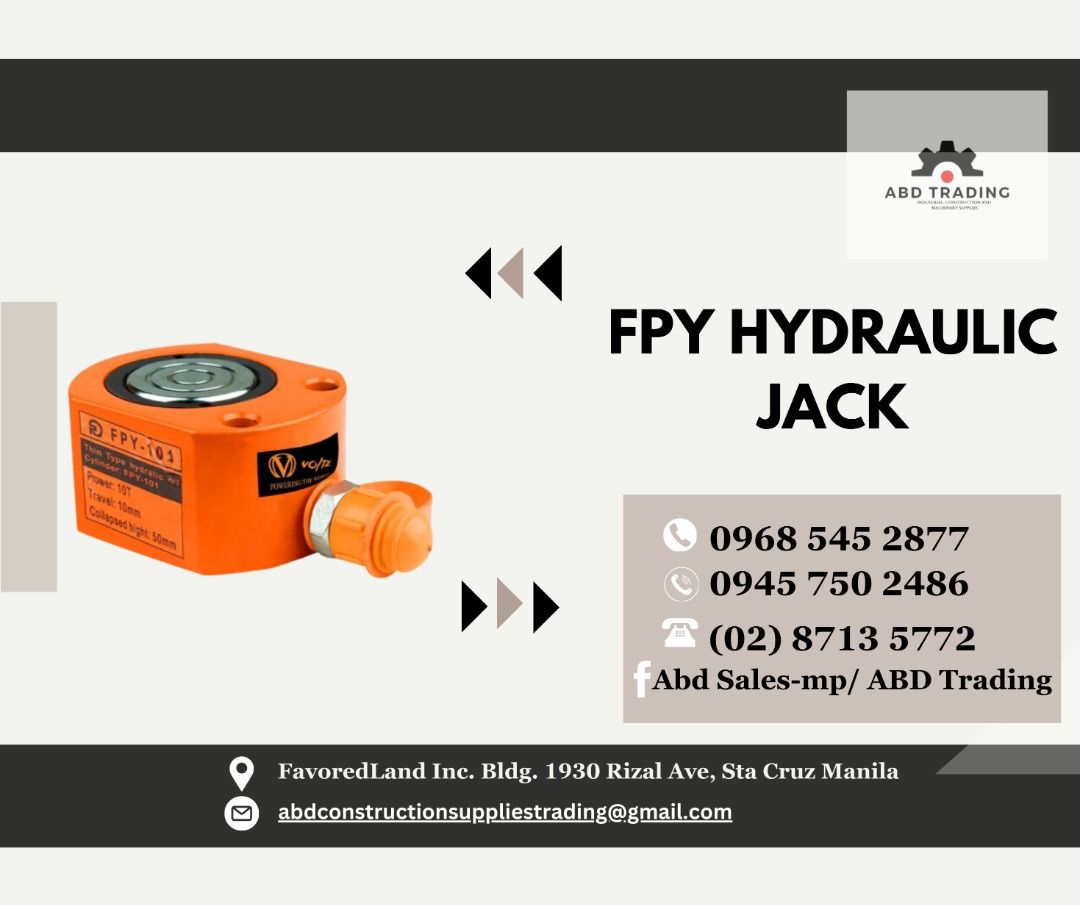FPY HYDRAULIC JACK (Category: Construction Tools & Equipment) located in Manila. Submitted by _abdtrading (Listing ID 1337259433, Image 1). Description: FPY HYDRAULIC JACK ABD CONSTRUCTION SUPPLIES TRADING Price is subject to change without prior notice DTI Registered & BIR Accredited 💯 -🛠️Machinery -🛠️Tools -🛠️Electrical -🛠️Industrial & Construction Materials -🛠️Fittings -🛠️Personal Protective Equipment 🚴-Pick up and Delivery OFFICE ADDR