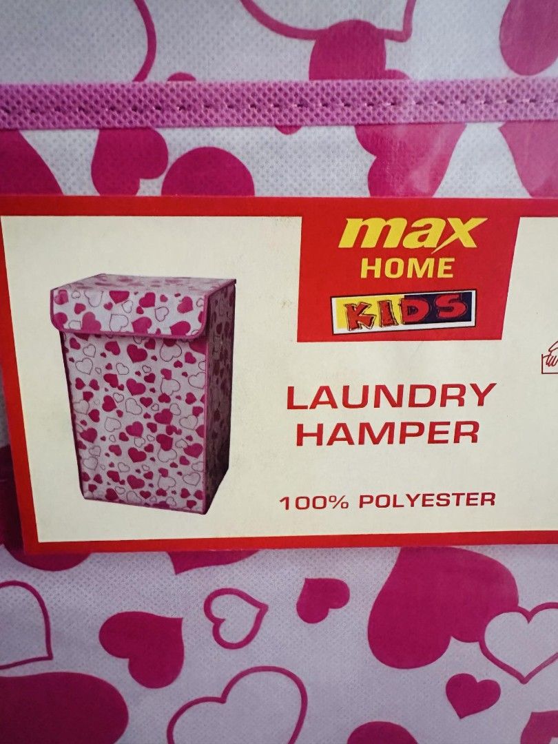 Max pink heart print laundry basket (Category: Laundry Baskets) located in Mandaluyong City. Submitted by home_box.ae (Listing ID 1337249516, Image 1). Description: dimensions: 13x11x23inches actual photo posted on hand ready to ship.