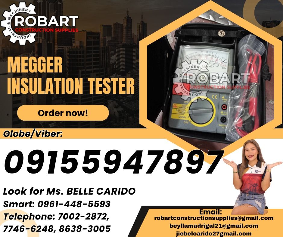 Megger Insulation Tester (Category: Construction Tools & Equipment) located in Manila. Submitted by bellarobart (Listing ID 1337290805, Image 1). Description: Megger Insulation Tester Brand: Sanwa Specs: 500V Model: DM509S 𝑹𝑶𝑩𝑨𝑹𝑻 𝑪𝑶𝑵𝑺𝑻𝑹𝑼𝑪𝑻𝑰𝑶𝑵 𝑺𝑼𝑷𝑷𝑳𝑰𝑬𝑺 Office Address: 1405 Yuseco St. Sta Cruz Manila SEND US MESSAGE FOR INQUIRIES ‼️ ‼️ Glb/Vibr: 0915-594-7897 Smrt: 0961-448-5593 Landline: (7746-6248 / 7002-2872) 𝓛𝓞𝓞𝓚 �
