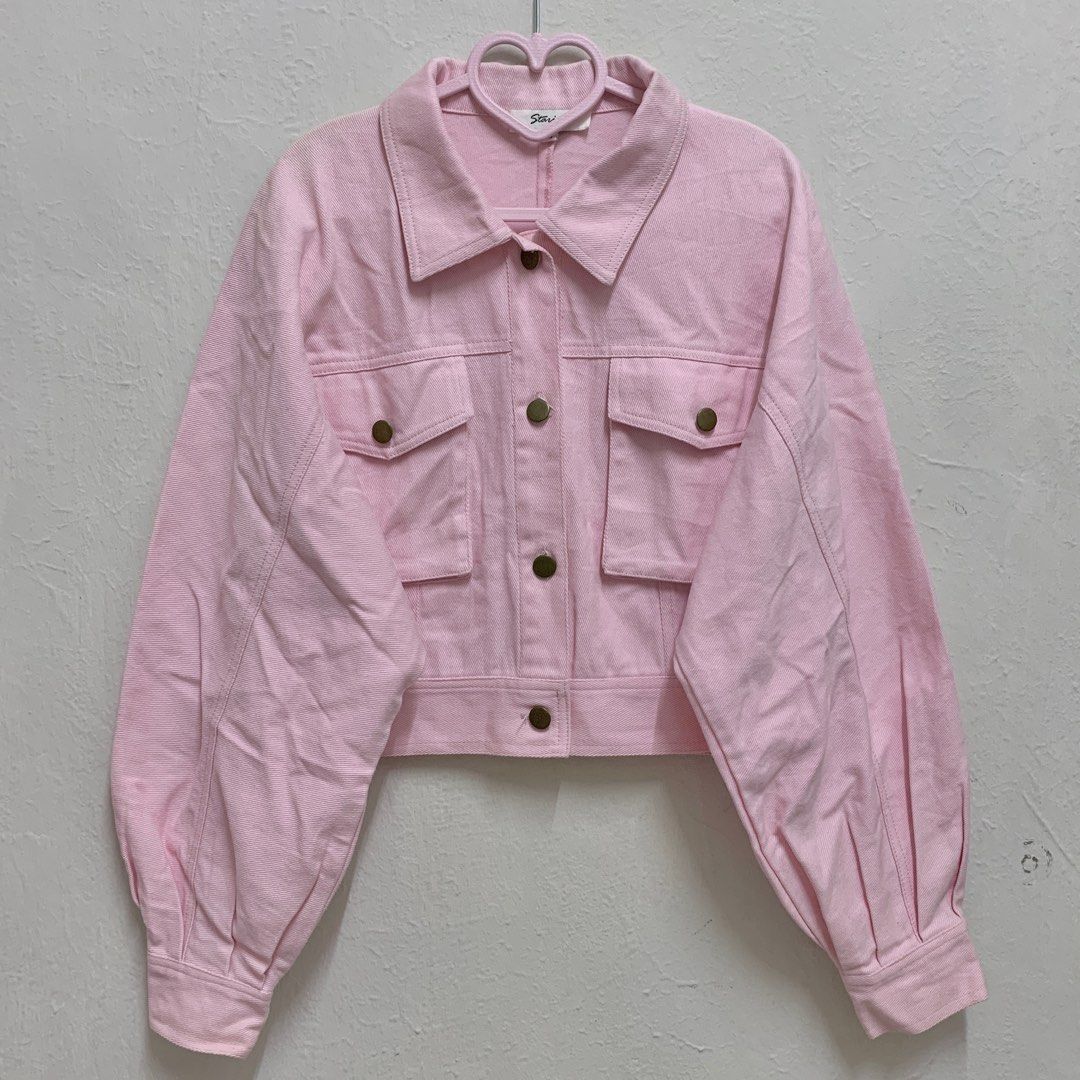 Starivy Soft Pink Cropped Denim Jacket with Balloon Sleeves