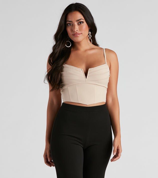 Windsor Pretty Pleats Satin Notch Bustier, Size S (Category: Others Tops) located in Cavite. Submitted by evaest.ph (Listing ID 1337267692, Image 2). Description: - in like new condition - Just add 50 for the SF DETAILS: Pretty pleats with a notch on top. This satin sleeveless bustier brings the minimalistic charm featuring adjustable spaghetti straps, a wire inset v-notch, pleated bust, and a cropped bodice with flexible boning inserts and back 