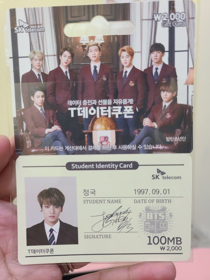 BTS Jungkook SKT Student ID Card (Category: K-Wave Merchandise) located in Dasmarinas. Submitted by Mallowsshi (Listing ID 1337479637, Image 1). Description: Loc: Makati City.