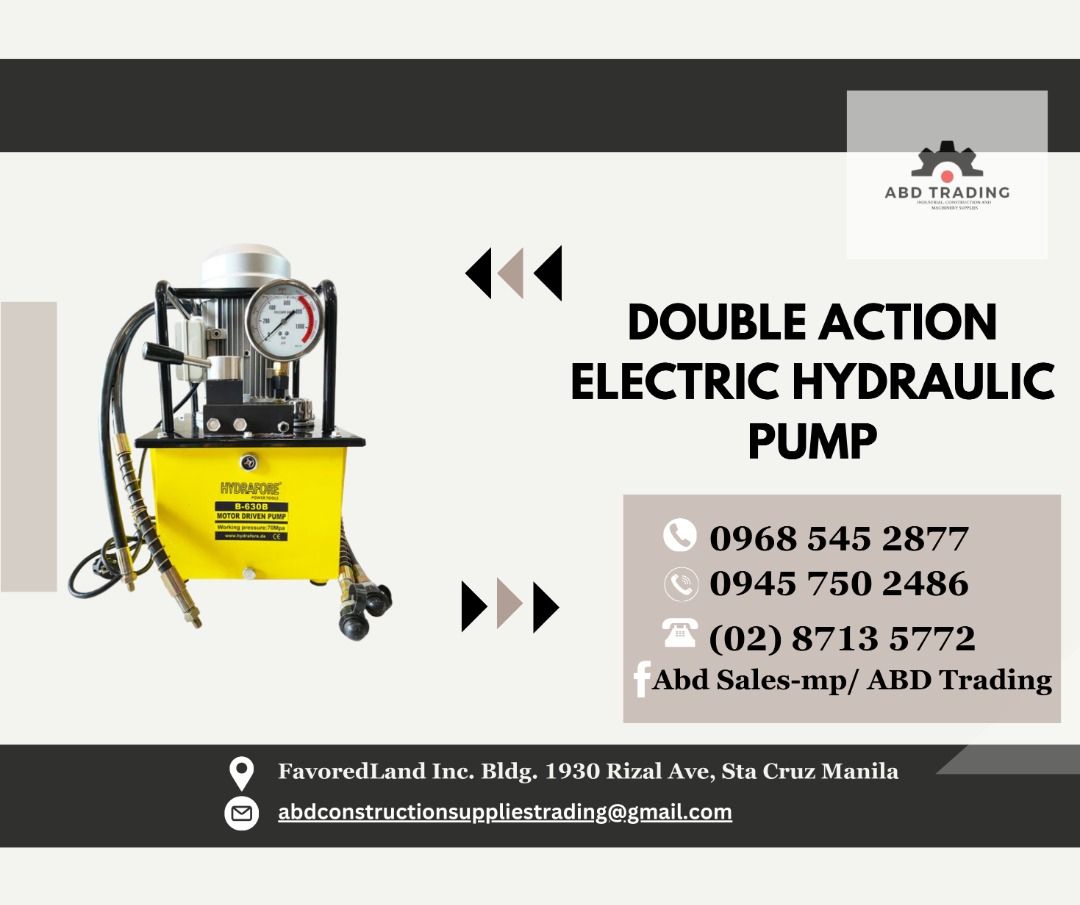 DOUBLE ACTION ELECTRIC HYDRAULIC PUMP (Category: Construction Tools & Equipment) located in Manila. Submitted by _abdtrading (Listing ID 1337436296, Image 1). Description: DOUBLE ACTION ELECTRIC HYDRAULIC PUMP ABD CONSTRUCTION SUPPLIES TRADING Price is subject to change without prior notice DTI Registered & BIR Accredited 💯 -🛠️Machinery -🛠️Tools -🛠️Electrical -🛠️Industrial & Construction Materials -🛠️Fittings -🛠️Personal Protective Equipme