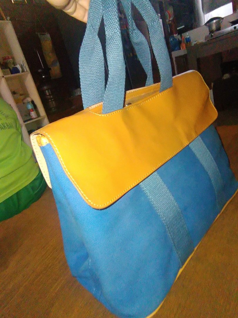 Hermes Vintage Valparaiso Blue Canvas Mixed Brown Leather Hand Bag