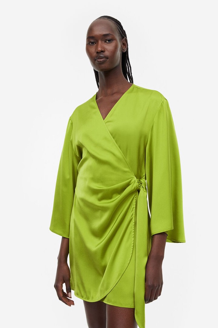 h&m green wrap dress Women's Green Flounce-trimmed Wrap Dress