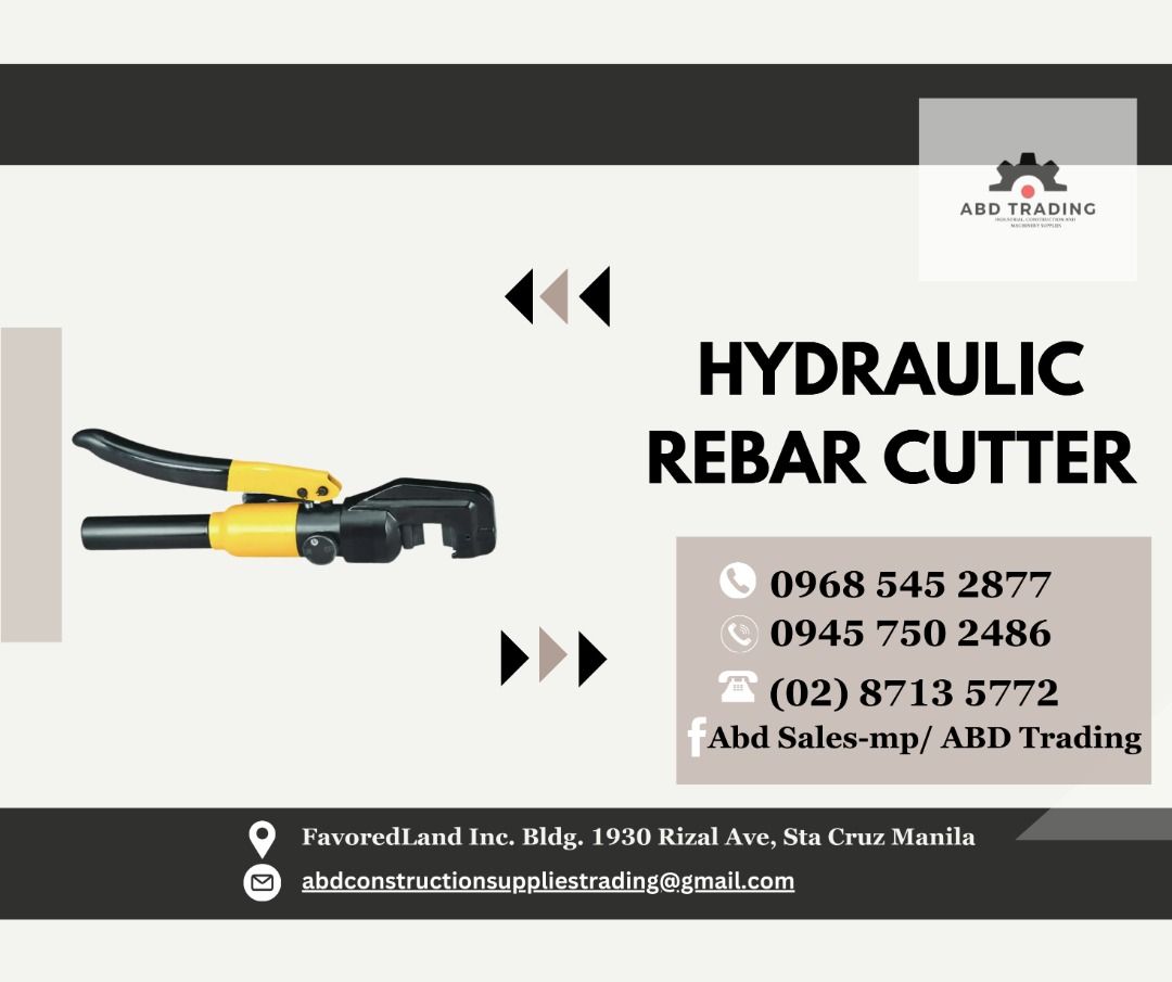 HYDRAULIC REBAR CUTTER (Category: Construction Tools & Equipment) located in Manila. Submitted by _abdtrading (Listing ID 1337433803, Image 1). Description: HYDRAULIC REBAR CUTTER ABD CONSTRUCTION SUPPLIES TRADING Price is subject to change without prior notice DTI Registered & BIR Accredited 💯 -🛠️Machinery -🛠️Tools -🛠️Electrical -🛠️Industrial & Construction Materials -🛠️Fittings -🛠️Personal Protective Equipment 🚴-Pick up and Delivery OFF