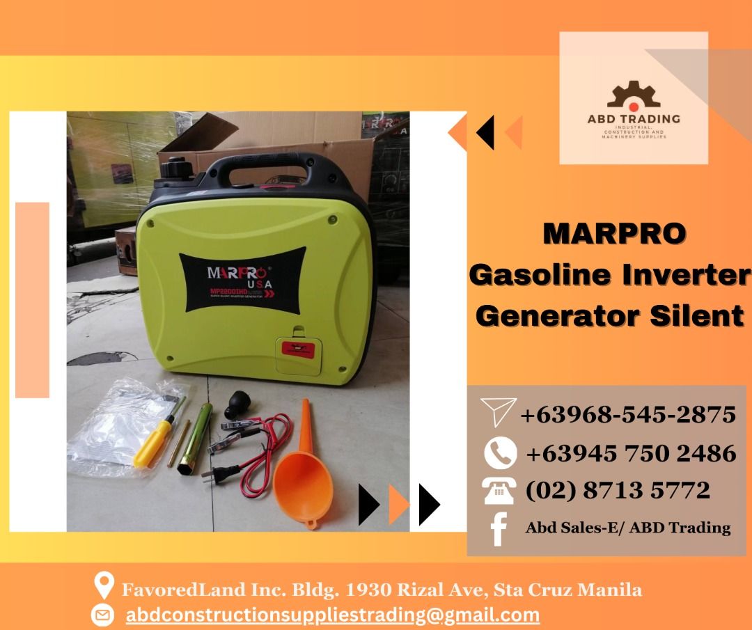 MARPRO Gasoline Inverter Generator Silent (Category: Construction Tools & Equipment) located in Manila. Submitted by _abdtrading (Listing ID 1337451359, Image 1). Description: MARPRO Gasoline Inverter Generator Silent ABD CONSTRUCTION SUPPLIES TRADING Price is subject to change without prior notice DTI Registred & BIR Accredited -🛠️Machinery -🛠️ Tools -🛠️ Electrical -🛠️ Industrial & Construction -🛠️ Fittings -🛠️ Personal Protective Equipmen